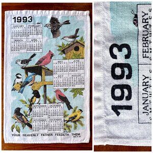 VTG 1993 Calendar Towel Songbirds on Feeder and Birdhouse Matthew 6:26 Verse